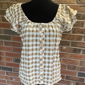 Matilda Jane Annabelle Plaid Tan Camel Cream Check Button Down Shirt Size M